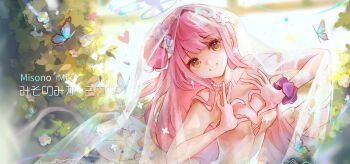 Rule 34 | 1girl, angel wings, bare shoulders, blue archive, blurry, blurry background, blush, breasts, bridal veil, bug, butterfly, character name, cleavage, collarbone, dress, earrings, feathered wings, flower, grin, hair bun, hair flower, hair intakes, hair ornament, hair scrunchie, halo, hanchansiqingyun, heart, heart hands, highres, indoors, insect, jewelry, leaning to the side, long hair, long sidelocks, looking at viewer, low wings, mika (blue archive), necklace, pearl necklace, pink hair, plant, purple flower, purple scrunchie, scrunchie, sidelocks, single side bun, smile, solo, sparkle earrings, strapless, strapless dress, upper body, veil, very long hair, white flower, white scrunchie, white wings, wing ornament, wings, wrist scrunchie, yellow dress, yellow eyes