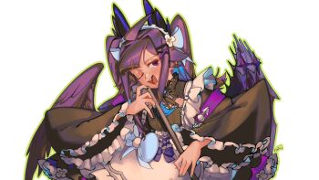 Rule 34 | 1girl, ;d, ahoge, aqua nails, artist name, buck teeth, commentary, english commentary, enna alouette, enna alouette (maid), green outline, head wings, highres, holding, holding microphone stand, krebii, looking at viewer, maid, maid headdress, microphone stand, music, nijisanji, nijisanji en, one eye closed, open mouth, outline, purple eyes, purple hair, signature, simple background, singing, smile, solo, teeth, two side up, virtual youtuber, white background, wings