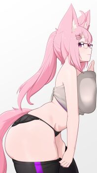 absurdres against_wall animal_ear_fluff animal_ears bare_shoulders breast_press breasts character_request clothes_pull dressing fox_ears fox_girl fox_tail glasses hair_ornament hairclip highres lace lace-trimmed_panties lace_trim large_breasts long_hair looking_to_the_side midriff no_bra original panties pants pants_pull pink_hair ponytail sainee saiskh shirt simple_background smile tail thick_thighs thighs tied_shirt underwear