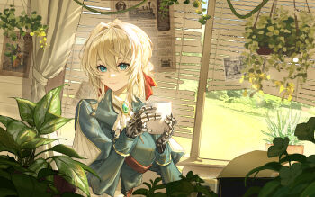 1girl absurdres aloe_(plant) ascot blonde_hair blue_eyes blue_jacket brooch chinese_commentary commentary cup drinking_glass gem green_gem hair_between_eyes hair_intakes hair_ribbon hanging_plant highres holding holding_cup indoors ivy jacket jewelry juliet_sleeves leaf long_sleeves looking_at_viewer mechanical_hands mug newspaper pangxie_hardina paper plant polaroid_photo poster_(object) potted_plant puffy_sleeves red_ribbon ribbon smile solo typewriter upper_body violet_evergarden violet_evergarden_(series) white_ascot window_blinds
