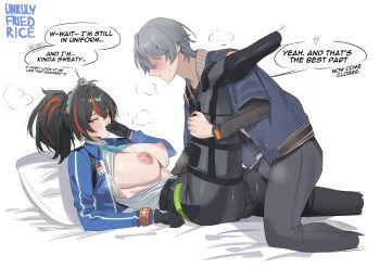 1boy 1girl absurdres averting_eyes black_gloves black_hair black_pants black_shirt blue_jacket blush breasts commentary english_commentary english_text gloves grabbing_another's_leg hairband hetero highres jacket large_breasts lying metal_hairband nipples on_back on_bed open_clothes open_shirt pants police police_uniform policewoman ponytail red_eyes red_hair shirt tight_clothes tight_pants unrulyfriedrice white_background white_shirt wise_(zenless_zone_zero) zenless_zone_zero zhu_yuan