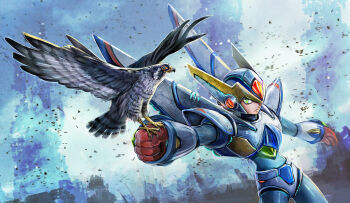 1boy android armor bird clenched_hand commentary_request cowboy_shot dutch_angle falcon falcon_armor_x_(mega_man) gloves green_eyes helmet kiwakiwa looking_to_the_side male_focus mega_man_(series) mega_man_x5 mega_man_x_(series) name_connection object_namesake outstretched_arm peregrine_falcon power_armor red_gloves revision serious x_(mega_man)
