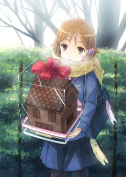10s 1girl bag brown_eyes brown_hair chocolate cold hair_ornament hairclip house makino_kanna pantyhose scarf school_bag school_uniform short_hair sweater tamako_market valentine yakka