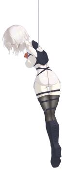 1girl absurdres armbinder arms_behind_back ball_gag bdsm black_thighhighs bondage bound bow bowtie breasts collared_shirt commentary_request crotch_rope feathermare female_focus from_behind gag gagged highres incredibly_absurdres legbinder looking_at_viewer medium_breasts medium_hair original panties pussy_juice red_bow red_bowtie restrained rope shibari shirt simple_background skindentation solo suspension thighhighs transparent_background underwear white_background white_hair white_panties white_shirt yellow_eyes