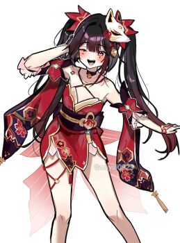 1girl ;d bell black_choker black_gloves black_hair choker commentary criss-cross_halter detached_sleeves dress feet_out_of_frame fox_mask gloves gradient_hair hair_bell hair_ornament halterneck highres honkai:_star_rail honkai_(series) mask mask_on_head multicolored_hair neck_bell o-ring o-ring_top one_eye_closed open_mouth red_dress red_eyes red_sleeves shitsu_(kurikaesi) simple_background single_glove smile solo sparkle_(honkai:_star_rail) tattoo twintails twitter_username white_background