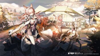 3girls ahoge animal_ears arknights blue_eyes coat coffee_pot cooking cup disposable_cup female_focus glasses green_eyes hair_ornament hat highres lake lantern long_hair mountain mousse_(arknights) mousse_(campfire_cooking_smoke)_(arknights) mug multiple_girls official_art pink_hair pozyomka_(arknights) pozyomka_(snowy_plains_in_words)_(arknights) proviso_(arknights) proviso_(high_autumn)_(arknights) red_eyes stove tail tent tree