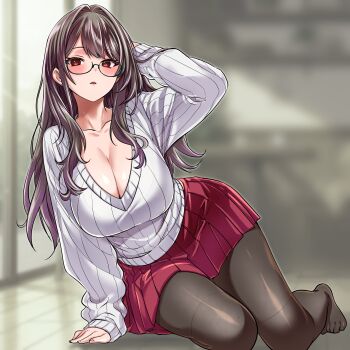 1girl :o absurdres arm_behind_head arm_support arm_up black_hair black_pantyhose blurry blurry_background blush breasts brown_hair character_request cleavage collarbone copyright_request glasses highres huge_breasts indoors large_breasts long_hair long_sleeves looking_at_viewer mature_female no_shoes pantyhose parted_lips pleated_skirt red_eyes red_skirt ribbed_sweater semi-rimless_eyewear sitting skirt solo sweater tokita_monta white_sweater