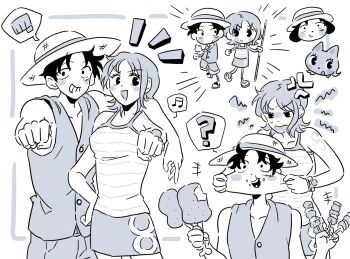 +++ 1boy 1girl ? anger_vein animalization arm_around_shoulder bare_shoulders blush blush_stickers boned_meat breasts camisole cat clenched_hand commentary_request cowboy_shot elasticity emphasis_lines food greyscale grin hands_on_another&#039;s_cheeks hands_on_another&#039;s_face hat highres holding holding_food holding_staff korean_commentary meat medium_breasts miniskirt monkey_d._luffy monochrome multiple_views musical_note nami_(one_piece) notice_lines one_piece open_mouth oplni19 outstretched_arm short_hair shoulder_tattoo single_sidelock skirt smile spoken_musical_note spoken_question_mark staff straw_hat tattoo vest
