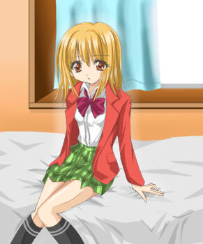 1boy bed bed_sheet blonde_hair blush bow bowtie crossdressing crossdressing_(mtf) curtains long_hair long_sleeves looking_at_viewer male_focus on_bed pretty_face randou_masashi red_bow red_bowtie sitting solo tareme trap window