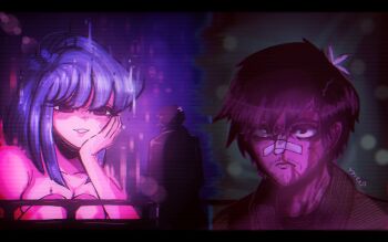 1boy 1girl bandaid bandaid_on_face bandaid_on_nose black_hair blade_runner_(series) blade_runner_2049 blood closed_mouth clothed_male_nude_female cosplay goslingposting_(meme) highres hologram jacket joi k_(blade_runner_2049) k_(blade_runner_2049)_(cosplay) komi-san_wa_komyushou_desu komi_shouko long_hair meme movie_reference neon_palette night nude parody scene_reference science_fiction short_hair smile tadano_hitohito upper_body you_look_lonely_(meme) yyiek?