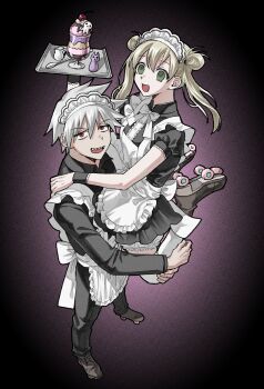 Rule 34 | 1boy, 1girl, amugonagurim, apron, black dress, black pants, black shirt, black wrist cuffs, blonde hair, bloomers, breasts, collared dress, collared shirt, commentary request, double bun, dress, fancy dessert, food, full body, green eyes, grey hair, hair between eyes, hair bun, hand on another's shoulder, highres, holding, holding plate, ice cream, korean commentary, long hair, maid, maid apron, maid headdress, maka albarn, medium breasts, open mouth, pants, plate, puffy short sleeves, puffy sleeves, purple background, red eyes, roller skates, sharp teeth, shirt, short hair, short sleeves, skates, smile, soul eater, soul evans, spiked hair, sundae, teeth, thighhighs, twintails, underwear, vignetting, white apron, white bloomers, white thighhighs, wrist cuffs