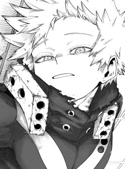 1boy bakugou_katsuki blonde_hair boku_no_hero_academia collared_shirt commentary_request greyscale highres looking_at_viewer male_focus monochrome parted_lips shirt short_sideburns solo sparkling_eyes spiked_hair superhero_costume suzuharaq0521 teeth torn_clothes torn_shirt upper_body white_background