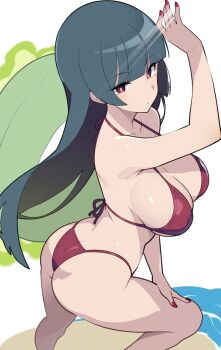 1girl alternate_costume ass beach bikini black_hair blunt_bangs breasts butt_crack cleavage closed_mouth commentary expressionless feet_out_of_frame floating floating_object from_above hime_cut innertube light_rays long_hair looking_at_viewer medium_breasts mituyota_76 nail_polish nintendo pokemon pokemon_firered_and_leafgreen red_bikini red_eyes red_nails sabrina_(pokemon) shading_eyes sideboob simple_background solo standing straight_hair swim_ring swimsuit telekinesis white_background