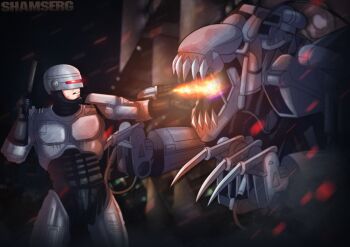 Rule 34 | 1980s (style), 1boy, armor, auto-9, battle, crossover, cyberpunk, cyborg, death machine (1994), delorean, fighting, fire, flamethrower, gun, handgun, helmet, holding, holding gun, holding weapon, mecha, oldschool, pistol, retro artstyle, robocop, robocop (character), robot, science fiction, shamserg, submachine gun, warbeast, weapon