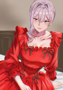 1girl arm_support blue_eyes breasts closed_mouth collarbone commentary_request dress hair_intakes highres kousan large_breasts lips pink_hair red_dress saigo_ni_hitotsu_dake_onegai_shite_mo_yoroshii_deshou_ka scarlet_el_vandimion solo