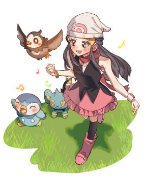 1girl absurdres beak beanie bird black_hair black_socks blue_eyes blue_hair blush boots bracelet breasts closed_eyes closed_mouth dawn_(pokemon) flying gen_4_pokemon hair_ornament hairclip hat highres jewelry kneehighs long_hair musical_note nintendo open_mouth penguin pink_boots pink_skirt piplup poke_ball_print poke_ball_symbol pokemon pokemon_(creature) pokemon_dppt poketch red_scarf scarf shinx shirt skirt sleeveless smile socks starly tail watashi_momo watch white_hat wings wristwatch