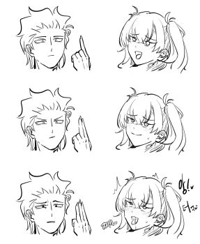1boy 1girl :d ahegao blush commentary_request confused dr._arach drooling fingering_gesture hair_between_eyes hair_slicked_back haman_0110 highres implied_fingering index_finger_raised korean_commentary long_hair michael_roa_valdamjong monochrome open_mouth rolling_eyes smile sweat tears tongue tongue_out tsukihime tsukihime_(remake) two_side_up