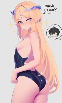 1girl alternate_costume anonds31 ass back_cutout bare_shoulders blue_eyes blush breasts cartethyia_(wuthering_waves) clothing_cutout commentary competition_swimsuit corrupted_twitter_file cowboy_shot crown_of_thorns earrings english_text from_behind grey_background highres jewelry looking_at_viewer looking_back male_rover_(wuthering_waves) multiple_earrings one-piece_swimsuit parted_bangs pointy_ears rover_(wuthering_waves) sideboob sidelocks simple_background small_breasts solo swimsuit tacet_mark_(wuthering_waves) thighs wuthering_waves