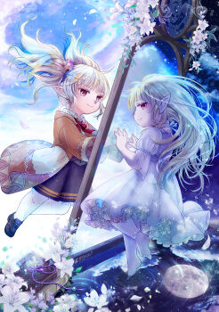 2girls barefoot blonde_hair brown_eyes commentary_request dress dual_persona final_fantasy final_fantasy_xi floating_hair flower grin highres hoshino_miyuki jacket long_hair looking_at_viewer multiple_girls orange_jacket pantyhose pointy_ears shantotto smile tarutaru twintails white_dress white_flower white_pantyhose