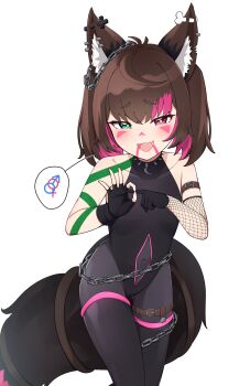 absurdres ahoge animal_ears arm_tattoo bare_shoulders brown_hair cat_tail chain collar colored_bangs fang fingerless_gloves flat_chest gloves heterochromia highres indie_virtual_youtuber kenken_(keuken) leaning_forward loli looking_at_viewer mesugaki navel nyudachi penetration_gesture piercing presenting red_eyes short_hair smile smug spiked_collar spikes tail tattoo teasing virtual_youtuber wolf_ears wolf_tail