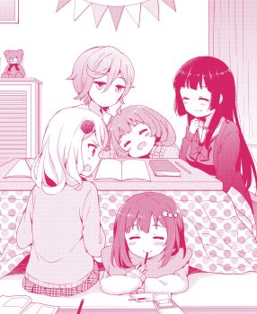 5girls absurdres arisa_(henkei_shoujo) blush blush_stickers closed_eyes commentary_request food hair_ornament haru_(henkei_shoujo) henkei_shoujo highres indoors itsuki_(henkei_shoujo) kotatsu mole mole_under_eye monochrome multiple_girls nana_(henkei_shoujo) pocky red_theme rin_(henkei_shoujo) school_uniform serafuku string_of_flags stuffed_animal stuffed_toy table teddy_bear under_kotatsu under_table yoshikita_popuri