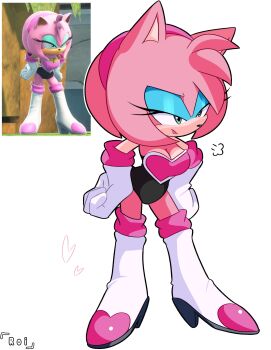 3d absurdres amy_rose angry black_leotard boots breasts cleavage cosplay elbow_gloves eyelashes gloves green_eyes hairband hands_on_own_hips highres knee_boots large_breasts leotard lipstick long_eyelashes makeup multicolored_gloves pink_gloves pink_hair pink_lips r_1807 reference_inset rouge_the_bat rouge_the_bat_(cosplay) screenshot_inset short_hair simple_background sonic_(series) sonic_generations two-tone_gloves white_background white_boots white_gloves