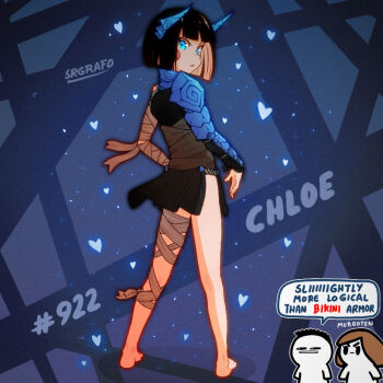 1boy 2girls arm_armor artist_name artist_self-insert bandaged_arm bandaged_leg bandages barefoot black_hair black_skirt blue_background blue_eyes blue_horns blunt_bangs blunt_ends blush_stickers bob_cut brown_hair character_name chibi chloe_(srgrafo) colored_inner_hair english_text feet from_behind heart horns looking_at_viewer looking_back multicolored_hair multiple_girls original parted_lips short_hair skirt speech_bubble srgrafo turning_head two-tone_hair v-shaped_eyebrows