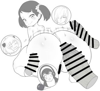 1girl 3futa :o absurdres anya's_heh_face_(meme) anya_(spy_x_family) ass ass_shake bar_censor becky_blackbell censored erection expressionless fiona_frost futa_with_female futanari highres huge_ass huge_penis loli looking_at_viewer looking_back medium_hair monochrome multiple_futa open_mouth penis penis_size_difference simple_background smile spy_x_family thanuki twintails veins veiny_penis white_background yor_briar