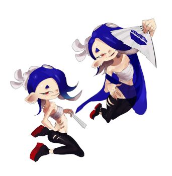 1girl blue_hair blush capelet chest_sarashi ear_piercing folding_fan hand_fan kneeling marnie_(marnielovesyou) nejiri_hachimaki nintendo octoling open_mouth pants paper_fan piercing red_eyes sandals sarashi shiver_(deep_cut_outfit)_(splatoon) shiver_(splatoon) smile solo splatoon_(series) splatoon_3 tentacle_hair torn_clothes torn_pants white_background
