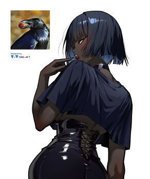 1girl absurdres artist_name ass bare_arms bird black_capelet black_choker black_eyes black_hair black_skirt bob_cut breasts capelet cherry choker commentary crow dark-skinned_female dark_skin english_commentary expressionless food food_in_mouth from_behind fruit hand_up high-waist_skirt highres large_breasts light_blush looking_at_viewer looking_back nisp_art original personification photo_inset reference_inset short_hair sideboob simple_background skirt solo very_dark_skin white_background