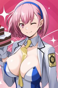 1girl blue_dress breasts cake cleavage daimon_meguru detached_collar dress earrings food hairband highres huge_breasts jacket jewelry large_breasts looking_at_viewer necktie one_eye_closed pink_eyes pink_hair rickykeigo short_hair smile solo super_robot_wars super_robot_wars_dd white_dress white_jacket