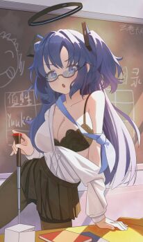 1girl absurdres bespectacled black-framed_eyewear black_bra black_pantyhose black_skirt blue_archive blue_eyes blue_necktie blush bra breasts chalkboard changfeng000000 classroom cleavage collarbone desk doodle_sensei_(blue_archive) glasses halo hashtag-only_commentary highres indoors large_breasts long_hair looking_at_viewer mechanical_halo necktie open_mouth pantyhose pleated_skirt pointer purple_eyes purple_hair sensei_(blue_archive) shirt skirt solo teacher two_side_up underwear white_shirt yuuka_(blue_archive)