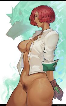 1girl absurdres arms_behind_back black_pubic_hair blue_eyes bottomless breasts brown_gloves brown_lips buttons collared_shirt commentary cowboy_shot cross dark-skinned_female dark_areolae dark_nipples dark_skin female_pubic_hair fingerless_gloves fluffydango from_side giovanna_(guilty_gear) gloves green_fur guilty_gear hair_over_one_eye highres large_breasts lips naked_shirt navel nipples no_bra nose open_clothes open_shirt parted_lips partially_unbuttoned police_badge pubic_hair pussy red_hair rei_(guilty_gear) shirt short_hair sleeves_pushed_up sleeves_rolled_up snout solo solo_focus thick_thighs thighs white_shirt wolf wolf_boy