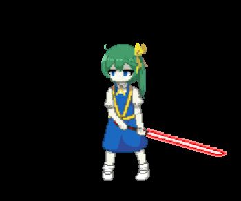 1girl animated animated_gif blue_dress blue_eyes bow chinese_commentary collared_shirt colored_skin commentary_request cookie_(touhou) daiyousei diyusi_(cookie) dress energy_sword full_body green_hair hair_bow high-visibility_clothing high-visibility_vest holding holding_sword holding_weapon lightsaber long_hair no_mouth pinafore_dress pixel_art red_lightsaber shinonome-sama shirt shoes short_sleeves side_ponytail simple_background sleeveless sleeveless_dress socks solo sword touhou traffic_baton transparent_background weapon white_shirt white_shoes white_skin white_socks