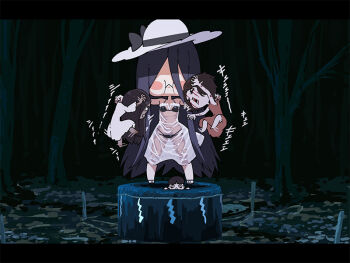 1boy 3girls :&lt; absurdly_long_hair bikini blood blood_on_face breasts catfight cheek_bulge chibi cleavage crossover curvy disgust dress fingernails forest full_body hair_over_eyes japanese_clothes kimono lilith-soft lips long_hair look-alike looking_at_another medium_hair motion_lines multiple_girls nature ponytail pun restrained saeki_kayako saeki_toshio_(ju-on) see-through_clothes see-through_dress see-through_kimono shaded_face shinonome_yahiro shiny_skin size_difference standing swimsuit taimanin_(series) taimanin_rpgx taimanun the_grudge the_ring thong thong_bikini trait_connection very_long_hair wet wet_clothes what wide_hips yamamura_sadako