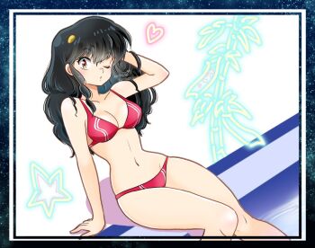 01angelegg 1girl artist_name bamboo bikini black_hair border breasts cleavage commentary dated eyeshadow hair_ornament hand_in_own_hair hand_up heart long_hair lum makeup medium_breasts navel official_alternate_costume one_eye_closed pink_eyeshadow red_bikini sitting solo star_(symbol) swimsuit tanabata tanzaku thighs twitter_username urusei_yatsura