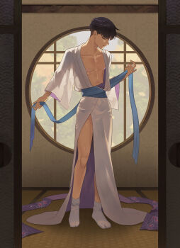1boy 8083_blue abs bare_pectorals black_hair closed_eyes closed_mouth full_body highres hoshina_soshiro japanese_clothes kaijuu_no._8 kimono male_focus pectorals seigaiha short_hair solo standing tabi tatami toned toned_male white_kimono