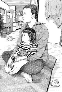 1boy 1girl barefoot chair child commentary_request crosshatching cushion dog father_and_daughter halftone hatching_(texture) highres holding indian_style indoors long_sleeves nashika_t on_cushion original refrigerator shirt signature sitting striped_clothes striped_shirt