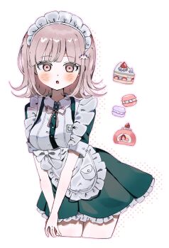 1girl :o apron blush breasts brown_hair cropped_legs danganronpa_(series) danganronpa_2:_goodbye_despair dress food frilled_dress frills green_dress highres large_breasts looking_at_viewer maid_apron maid_headdress medium_hair mikomi_(90m5x) nanami_chiaki neck_ribbon pink_eyes pink_ribbon ribbon short_sleeves solo usami_(danganronpa)
