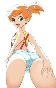 1girl ass ass_focus blue_shorts breasts cameltoe denim denim_shorts female_focus grabbing_own_ass green_eyes hand_on_own_thigh highres huge_ass large_breasts lips makoto_daikichi misty_(pokemon) nintendo orange_hair pokemon pokemon_(anime) pokemon_(classic_anime) ponytail revision shiny_clothes shiny_skin short_hair short_ponytail short_shorts shorts side_ponytail smile solo suspenders tank_top thick_thighs thigh_grab thighs tongue underboob