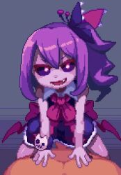 1boy 1girl animated collared_dress colored_sclera colored_skin cowgirl_position demon_girl dress hair_ribbon hands_on_another&#039;s_waist loli looking_at_viewer looping_animation medium_hair musume_(yuunama) open_mouth osimder penis pixel_art pov pov_crotch purple_dress purple_eyes purple_hair purple_sclera purple_skin ribbon sleeveless sleeveless_dress smile solo_focus straddling teeth video yuusha_no_kuse_ni_namaiki_da