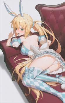 absurdres animal_ears artoria_caster_(fate) artoria_caster_(swimsuit_berserker)_(second_ascension)_(fate) artoria_pendragon_(fate) blonde_hair blue_dress blush bow commentary_request dress dress_bow fake_animal_ears fate/grand_order fate_(series) green_eyes hara_(xper8243) highres multicolored_thighhighs panties rabbit_ears two-tone_thighhighs underwear