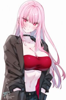 1girl alternate_costume black_pants blush breasts cleavage coat hands_in_pockets highres hololive hololive_english jacket jewelry kamiya_maneki large_breasts long_hair looking_at_viewer midriff mori_calliope navel open_clothes open_jacket pants pink_eyes pink_hair red_eyes red_tube_top signature simple_background solo standing strapless tube_top twitter_username virtual_youtuber white_background