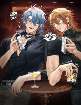 5boys ^^^ absurdres alcohol alternate_costume antenna_hair bar_(place) belt black_belt black_choker black_shirt blank_eyes blue_eyes blue_hair braid caelus_(honkai:_star_rail) cellphone chair choker collarbone collared_shirt commentary covered_collarbone cup drink drinking_glass english_commentary english_text grey-framed_eyewear grey_pants hair_between_eyes hair_ornament hand_up highres holding holding_cup holding_phone honkai:_star_rail honkai_(series) ice ice_cube indoors jewelry long_sleeves looking_at_another male_focus medium_hair multiple_boys muscular muscular_male mydei_(honkai:_star_rail) nervous nervous_smile nervous_sweating official_alternate_costume on_chair open_mouth orange_hair pants pectorals phainon_(fashion)_(honkai:_star_rail) phainon_(honkai:_star_rail) phone pnk_crow ring shirt short_hair short_sleeves single_braid sitting smartphone smile speech_bubble sun_ornament sunglasses sweat t-shirt table teeth tinted_eyewear trailblazer_(honkai:_star_rail) trembling veins whiskey wide-eyed yaoi yellow-tinted_eyewear