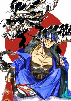 1boy absurdres black_eyes black_hair blue_headband blue_pants blue_sleeves commentary_request dragon eastern_dragon fingerless_gloves glasses gloves guilty_gear hakama hakama_pants hand_fan hand_on_own_cheek hand_on_own_face head_rest headband highres holding holding_fan indian_style japanese_clothes looking_at_viewer male_focus mito_anji muscular muscular_male no_nipples pants pince-nez sandals short_hair sitting smirk storyteller777 tabi