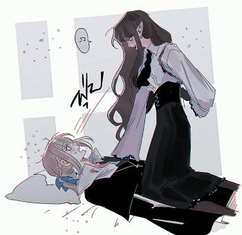 2girls black_gloves black_pantyhose black_skirt blue_ribbon blush braid brown_hair commentary english_commentary gloves hair_ribbon half_up_braid kneeling long_sleeves maybecrosswise multiple_girls musical_note open_mouth original pantyhose pointy_ears ribbon shirt skirt smile spoken_musical_note sweat vampire white_shirt yuri