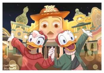1girl blue_eyes bow daisy_duck disneyland donald_duck duck_boy duck_girl furry furry_female furry_male hair_bow looking_at_viewer mickey_mouse_&amp;_friends open_mouth purple_eyes sheriff_woody shirt smile takatmaorange toy_story upper_body