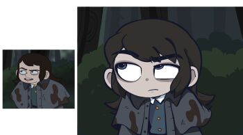 1boy abaddon_(haunted_hotel) blue_eyes brown_hair coat derivative_work dirty dirty_clothes forest grey_coat haunted_hotel long_hair lua43_f male_focus nature outdoors reference_inset screenshot_redraw