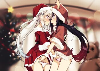 2girls bare_shoulders belt black_hair blush bow bow_panties christmas clothes_lift commentary_request dress dress_lift duplicate face-to-face fake_antlers fingering grabbing_another's_breast groping hair_ornament hairclip hand_in_another's_panties hat highres hood hug long_hair moaning multiple_girls mutual_fingering mutual_masturbation off_shoulder open_mouth original panties panty_pull pink_panties pixel-perfect_duplicate pussy_juice red_dress red_eyes santa_hat setsuna_(miraichizu) shirono_mirai short_dress snowman_hair_ornament underwear white_hair white_panties yuri zero_(miraichizu)