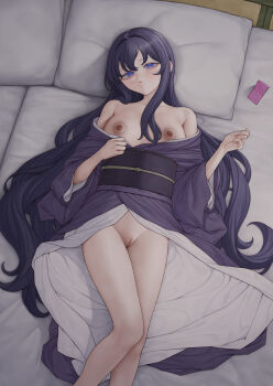 1girl bed blue_eyes breasts commentary_request condom condom_packet_strip condom_wrapper feet_out_of_frame futon highres japanese_clothes kimono long_hair looking_at_viewer lying medium_breasts ni_(221) nipples off_shoulder on_back on_bed original pillow purple_hair purple_kimono pussy sidelocks solo tatami uncensored very_long_hair